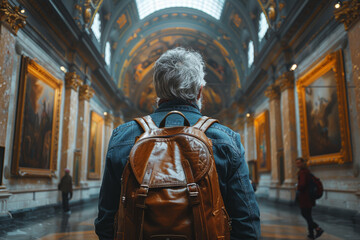 Fototapeta premium A baby boomer exploring a museum, appreciating history and art. Concept of cultural enrichment and lifelong curiosity. Generative Ai.