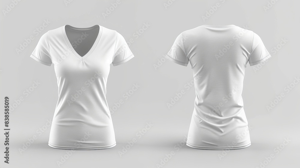 Poster womens vneck tshirt mockup in front and back views design presentation for print 3d illustration and