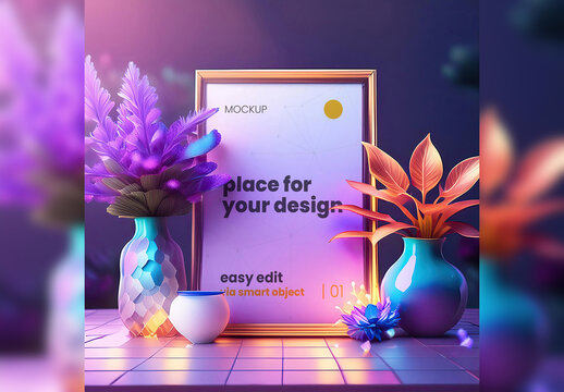 Poster Frame Mockup with bioluminescence Plants Generative Ai