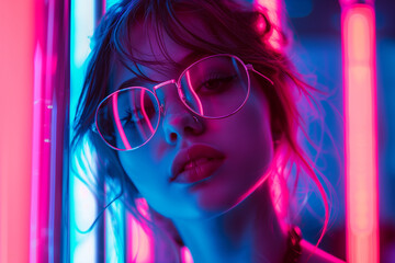 A girl retro style colorful neon lights