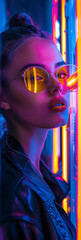 A girl retro style colorful neon lights