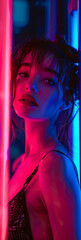 A girl retro style colorful neon lights