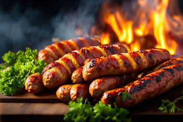 Juicy grilled sausages with herbs on a wooden tray.