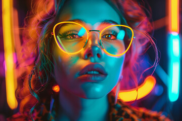 A girl retro style colorful neon lights