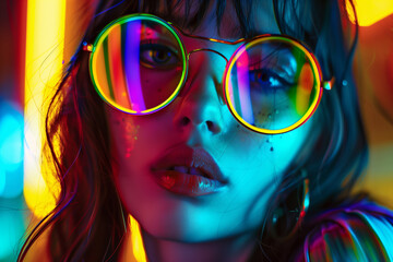 A girl retro style colorful neon lights
