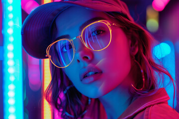 A girl retro style colorful neon lights