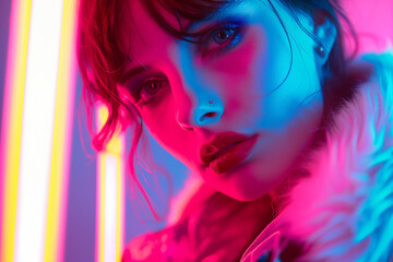 A girl retro style colorful neon lights