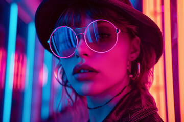 A girl retro style colorful neon lights