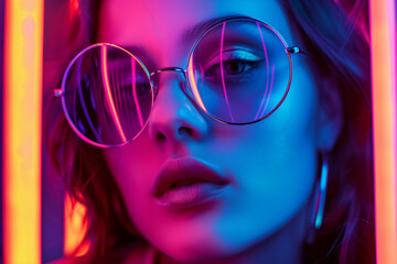 A girl retro style colorful neon lights