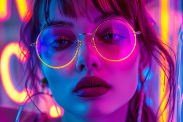 A girl retro style colorful neon lights