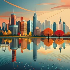 Obraz premium A city skyline is reflected in a body of water