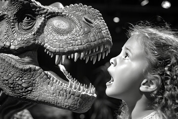 Little girl looking at a T-Rex dinosaur model with her mouth open in amazement,black and white photo