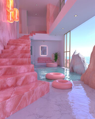 Pink surreal interior with pool and ocean view, a place of luxury and tranquility