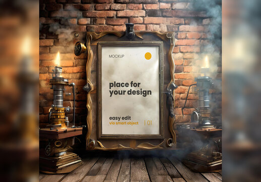 Poster Frame Mockup Steam Punk Style 02 Generative Ai