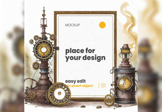 Poster Frame Mockup Steam Punk Style 09 Generative Ai