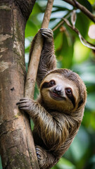 Fototapeta premium Funny sloth hanging on tree branch, cute face look, perfect portrait of wild animal in the Rainforest