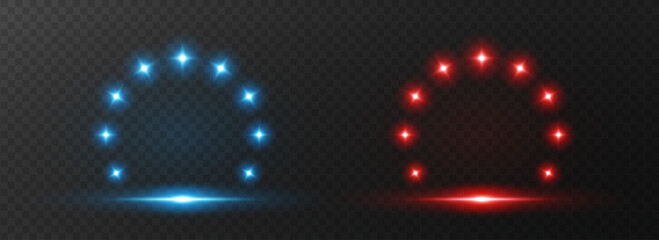 Obraz premium Red round light effect frame, blue illuminate ring with lamps isolated on transparent background. Magic fantasy portal, teleport. Vector cosmic vibrant circle borders. Glowing neon bulbs