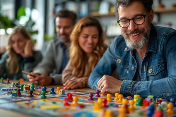 some employees play the board game during a team building activity in the office