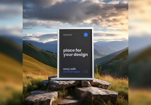 Poster Frame Mockup Stand on Rock with Nature Background 03 Generative Ai