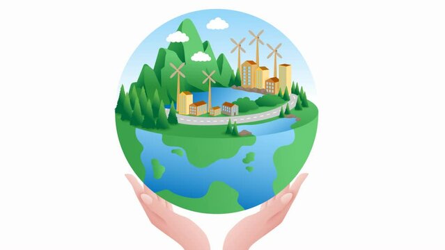 animated human hand holding green globe, world environment day and earth day, save our planet and environment