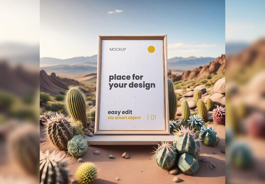 Poster Frame Mockup Stand on Table with Nature Background 02 Generative Ai