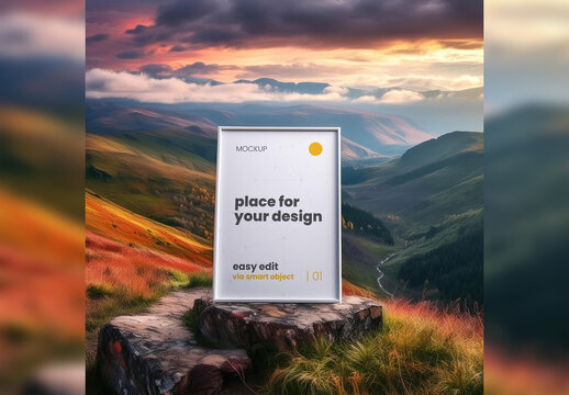 Poster Frame Mockup Stand on Rock with Nature Background Generative Ai