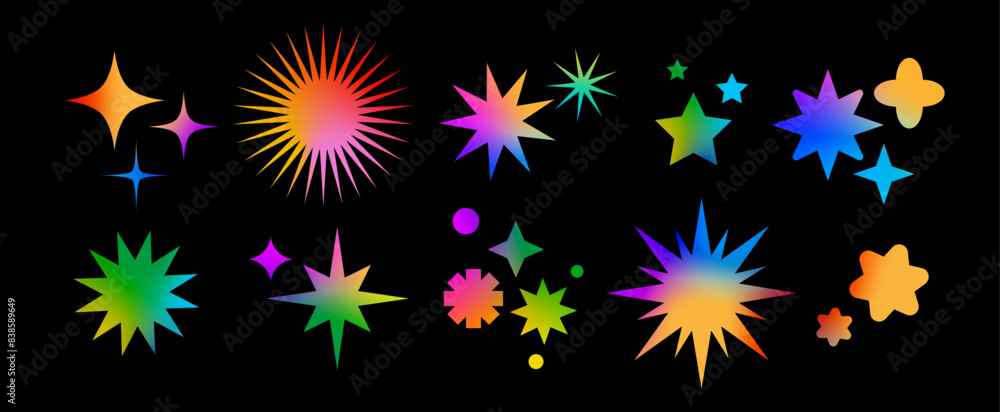 Poster Set of Vector Star Shapes with Gradient. Abstract Decorative Figures for Icon and Logo Design