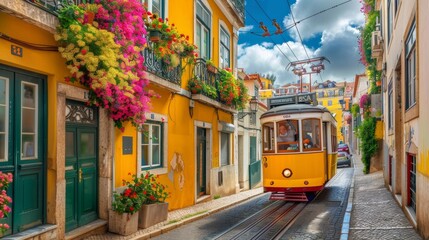 Lisbon, Portugal - Yellow tram on a street with colorful houses and flowers on the balconies - Bica Elevator going down the hill of Chiado 