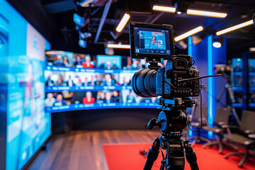 A broadcast studio with 3 seperate LED wall displaying a video conference call with fifty professionals and the main speaker before the LED wall with a camera on a tripod directed