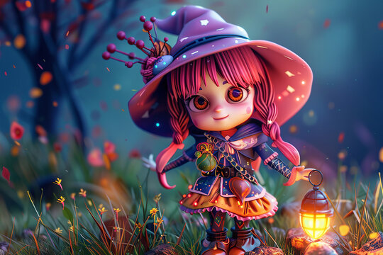 4d photographic image of full body image of a cute little chibi witch realistic, vivid colors octane render trending on artstation