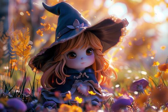 4d photographic image of full body image of a cute little chibi witch realistic, vivid colors octane render trending on artstation