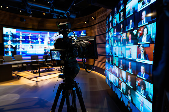 A broadcast studio with 3 seperate LED wall displaying a video conference call with fifty professionals and the main speaker before the LED wall with a camera on a tripod directed