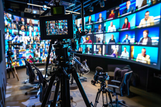 A broadcast studio with 3 seperate LED wall displaying a video conference call with fifty professionals and the main speaker before the LED wall with a camera on a tripod directed