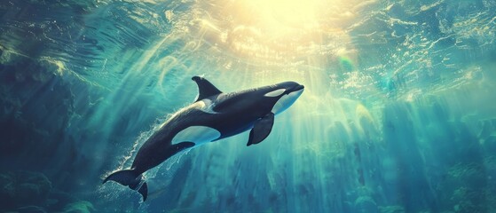 Fototapeta premium Orca jumps out of the ocean. Orca whale emerges powerfully from the chilly waters, creating a dynamic interplay of movement and light. 