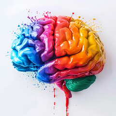 Paint splashes on a brain own a white background. Rainbow Colours, 