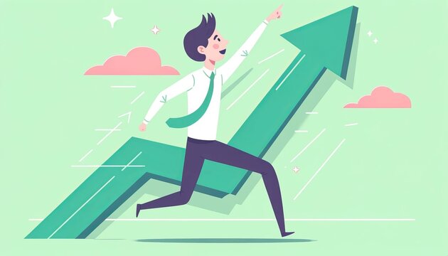 Businessman Running Towards Success with Upward Arrow