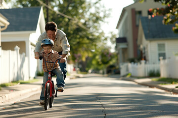 In a quintessential American neighborhood scene, a father guides his young son in a timeless rite of passage: learning to ride a bicycle