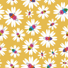 seamless repeat pattern with cute and beautiful colorful fish motifs with lotus tails in white flowers on a yellow background perfect for fabric, scrap booking, wallpaper, gift wrap projects