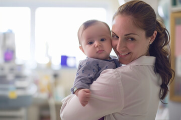 Fototapeta premium In a serene light-filled room, a female pediatrician cradles a tiny baby in her arms. Their surroundings exude a sense of calm, with soft hues enhancing the tender moment between caregiver and child