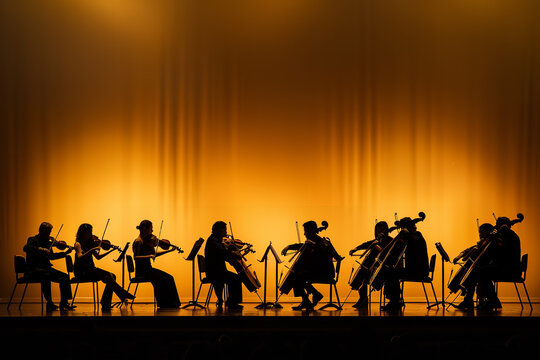 In the warm, dimly lit ambiance of the stage, symphony musicians passionately perform. Their silhouettes against a clean background create an aura of elegance and focus