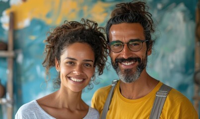 A happy young couple is doing home renovation