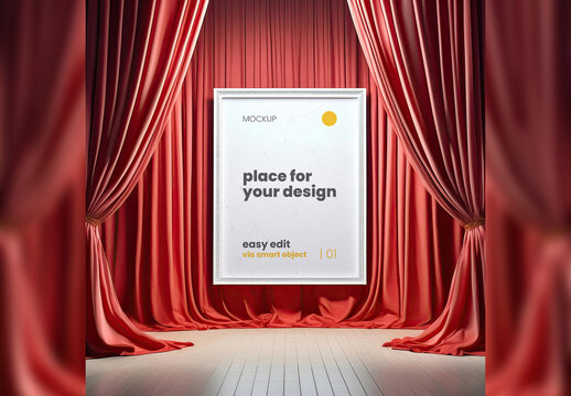 Poster Frame Mockup on stage Between Red Curtains Spot Illuminated 09 Generative Ai