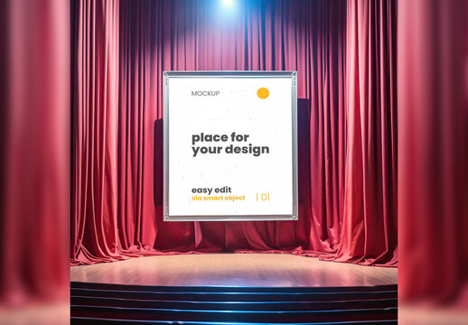 Poster Frame Mockup on stage Between Red Curtains Spot Illuminated 10 Generative Ai