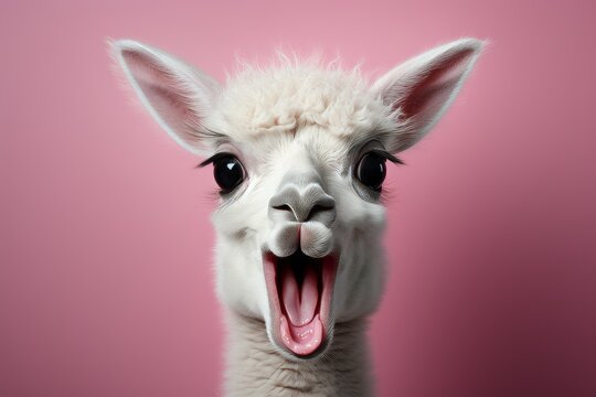 A hilarious and unique photo of a llama with its mouth wide open and eyes bulging. The llama is isolated on a pink background, making it easy to use in a variety of projects.