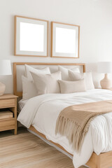 Bedroom with modern interior, wooden furniture and mock-up frames for wall decoration