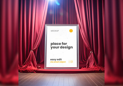 Poster Frame Mockup on stage Between Red Curtains Spot Illuminated 02 Generative Ai