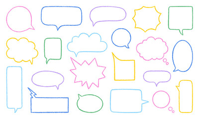 Chalk pencil speech bubbles doodle set. Crayon communication frame, comic talk balloon in sketch style, Grunge texture. Hand drawn vector illustration isolated on white background