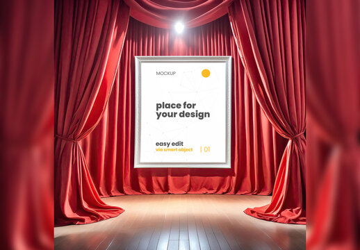 Poster Frame Mockup on stage Between Red Curtains Spot Illuminated 04 Generative Ai