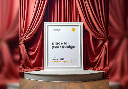 Poster Frame Mockup on stage Between Red Curtains Spot Illuminated 03 Generative Ai