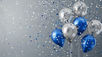 Festive balloons in blue and silver surrounded by sparkling confetti on a gray background.